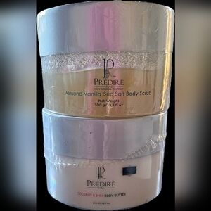 Both the Predire Almond Vanilla Body Scrub & Coconut & Shea Body Butter Set